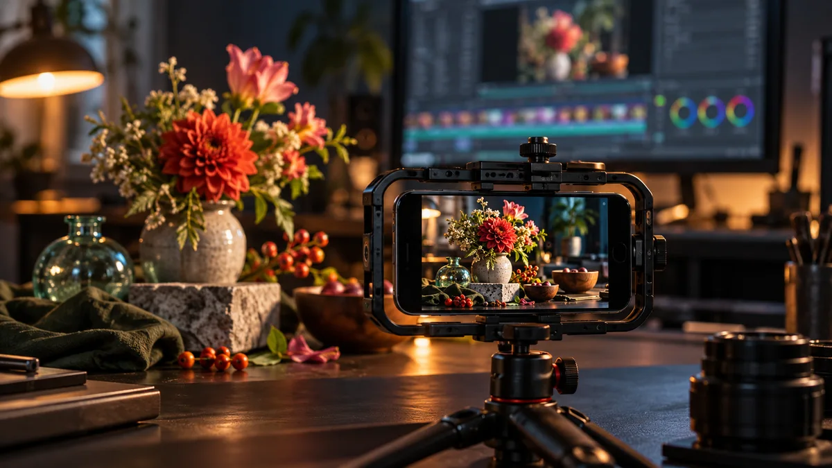 Editorial illustration of a smartphone filming colorful objects beside a color grading monitor