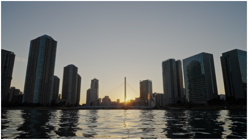 Sony's graded S-Log3 sample of a waterfront at sunset